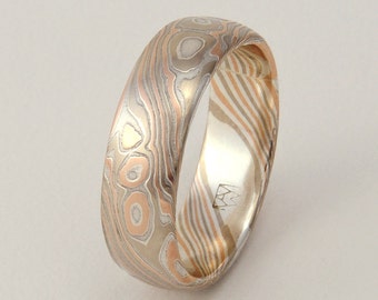 Mokume Gane Ring - 14k Palladium Weißgold, 14k Roségold und Silber in Holzgranmuster