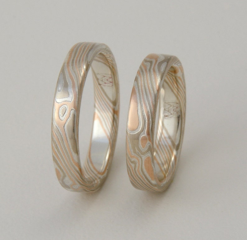 Etched, flat-top, narrow woodgrain Mokume Gane Ring 14k palladium white gold, 14k rose gold and silver image 1