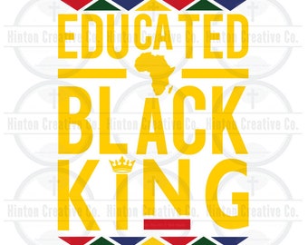 May include: A yellow graphic design with the text "EDUCATED BLACK KING" in a bold font. The graphic includes a crown and an outline of the continent of Africa. The design is framed by a border of red, green, yellow, and blue triangles.