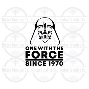 May include: Black and white digital design featuring Darth Vader's helmet and the text "One with the Force Since 1970".