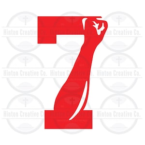 May include: Red digital cut file of the number 7 with a raised fist. The number is in a bold, blocky font. The fist is raised in the air with the thumb pointing up. The file is for use with a cutting machine.