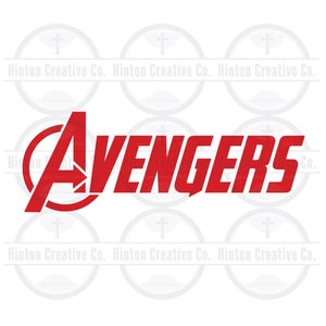 May include: Red digital cut file design of the word "AVENGERS" with a stylized "A" that includes a circle. The text "SVG DXF PNG JPG EFS DIGITAL FILES" is at the bottom of the image.