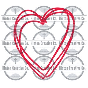 May include: A red heart shape drawn with a thick line, with a double outline. The heart is centred on a white background.