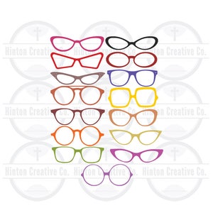 May include: A set of 12 different styles of glasses in various colors, including red, pink, purple, orange, yellow, green, and brown. The glasses are all outlined in black.