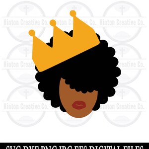 May include: A digital illustration of a Black woman with an afro wearing a gold crown. The woman's face is partially obscured by her hair.