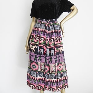 vintage abstract print midi skirt \ tribal print animals people shapes \ button up rayon skirt