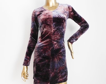 vintage purple velour dress \ tie dye mini dress \ soft tight dress