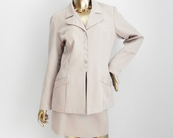 vintage beige minimalist skirt suit \ long beige blazer and mini skirt set \ 90's skirt suit