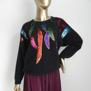 vintage black silk blend knit sweater \ angora pullover \ sequin knit sweater