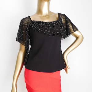 vintage black beaded shawl top \ glamorous camisole \ beaded scarf neck