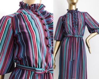 vintage striped shirt dress \ purple teal pink & green \ day dress secretary dress