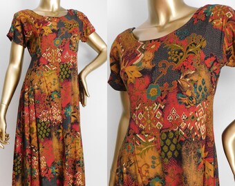 vintage abstract print midi dress \ autumnal colors burnt orange fir green teal and copper \ casual shirt dress