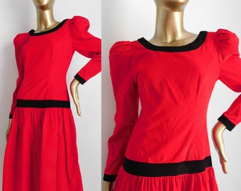 vintage red corduroy midi dress \ drop waist dress \ early 90s dress