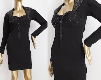 vintage black beaded mini dress \ pure nineties padded bra stretch dress \ fitted mini dress
