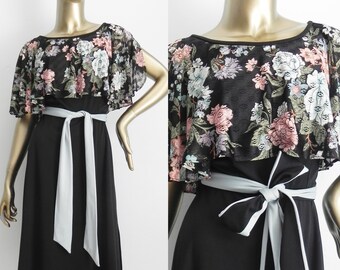 vintage black & floral sheath dress \ cape top \ pretty day dress