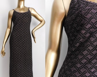 vintage black lurex lace maxi dress \ 90s slip dress \ silver evening gown