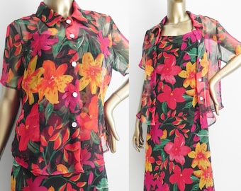 vintage tropical dress set \ bold floral print \ dress and blouse pair