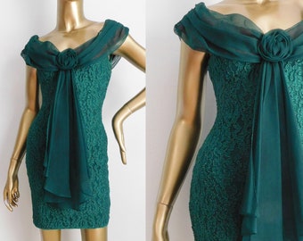 vintage green lace party dress \ chiffon cocktail dress \ pine green mini dress