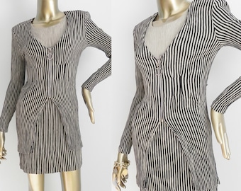 vintage striped dress \ zip up vest \ black & tan mini dress