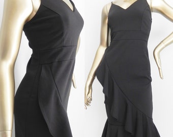 vintage black ruffle dress \ tight salsa dress \ slip on ruffle wrap dress