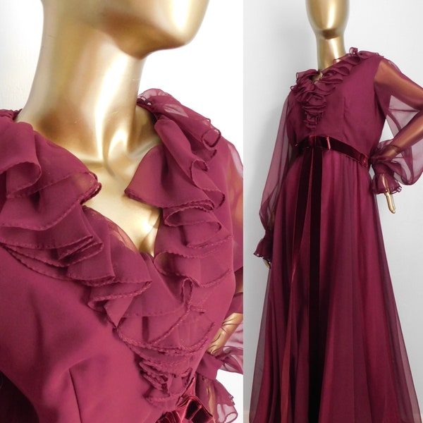 Vintage maroon evening gown \ 80s union made dress \ chiffon prom dress
