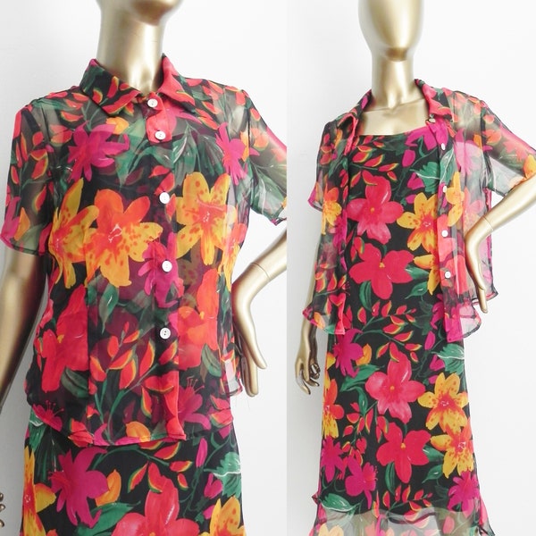 vintage tropical dress set \ bold floral print \ dress and blouse pair