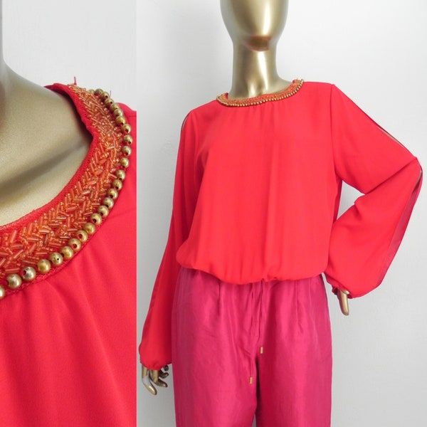 vintage red blouse \ beaded neckline \ billowing cut-away sleeves