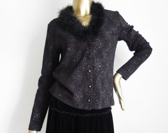 Vintage Black Feather Trimmed Cardigan 