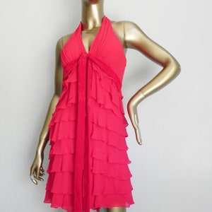 Vintage red silk halter dress \ red mini dress \ ruffled dress