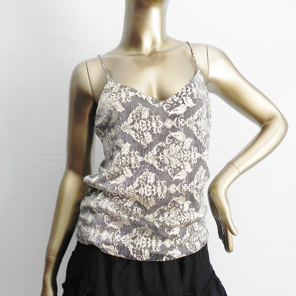 vintage silver slip top \ light sleeveless camisole \ regal print metallic top