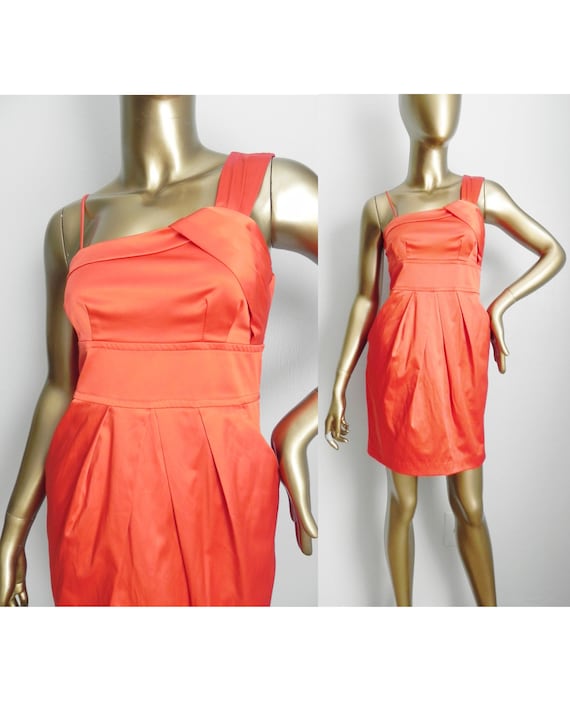 vintage orange mini dress \ gathered dress \ asymm
