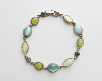 vintage bejeweled chain link bracelet \ pretty spring bracelet \ green blue & cream jewels