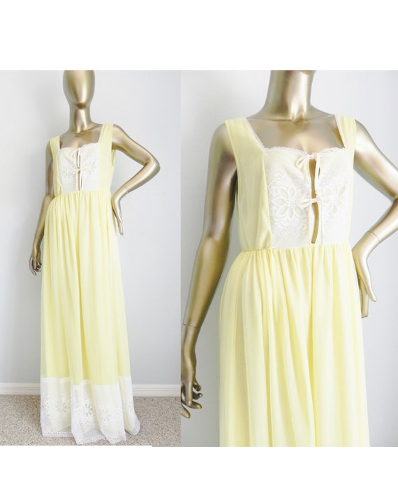 vintage long yellow nightgown \ lace nightie \ ele