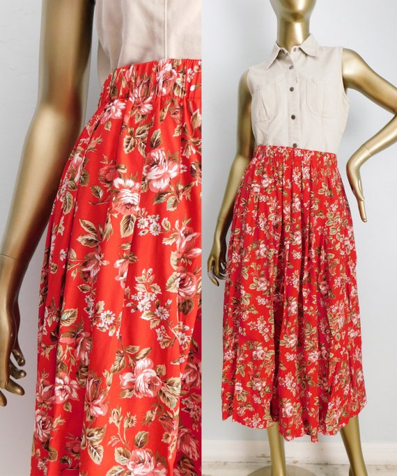 vintage red floral skirt \ rose print midi skirt \