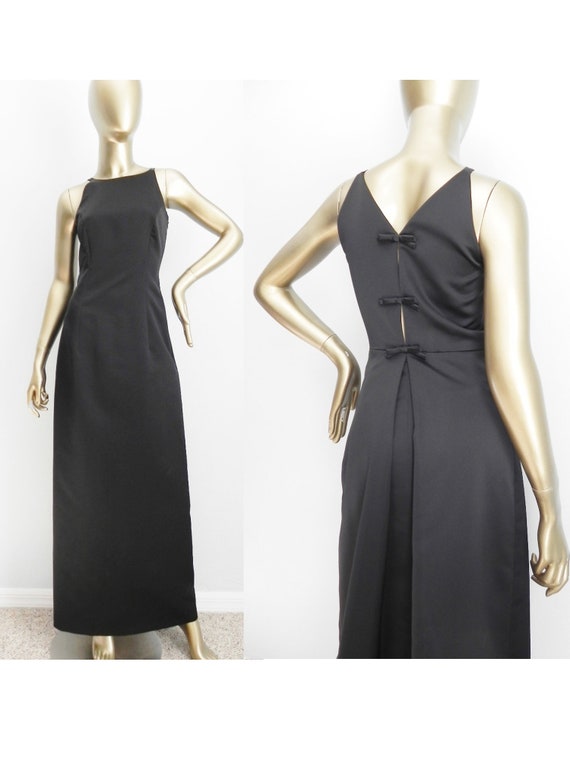 vintage black satin column gown \ peep back formal