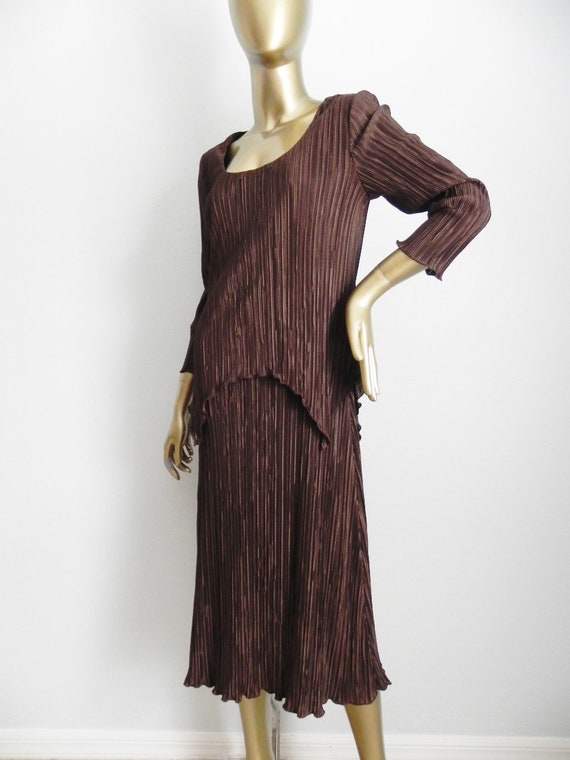 vintage brown micro pleated dress \ pleated sheath