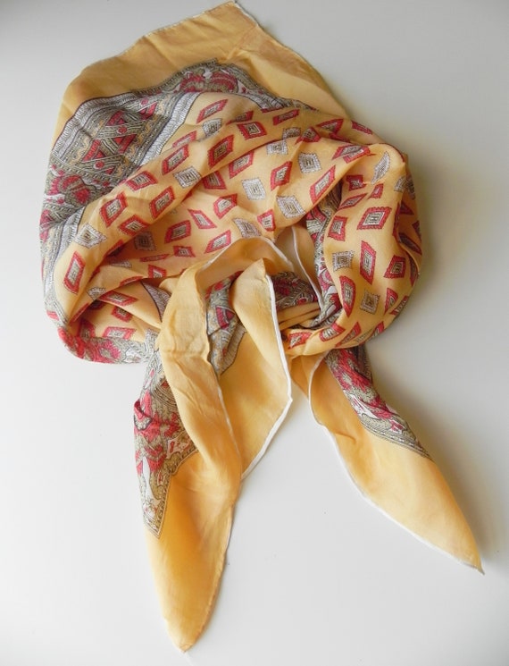 vintage yellow silk scarf \ geometric print squar… - image 5