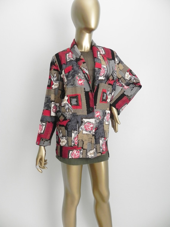 vintage abstract floral blazer \ black red and tan