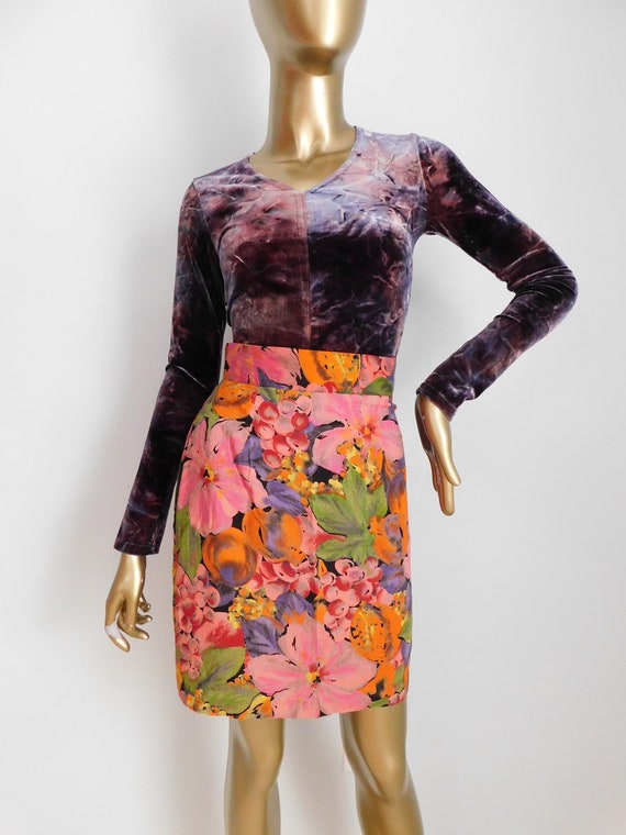 vintage fruit & floral pencil skirt \ rayon mini s