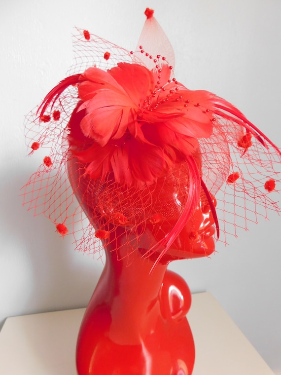 vintage red feather and tulle fascinator \ red he… - image 8