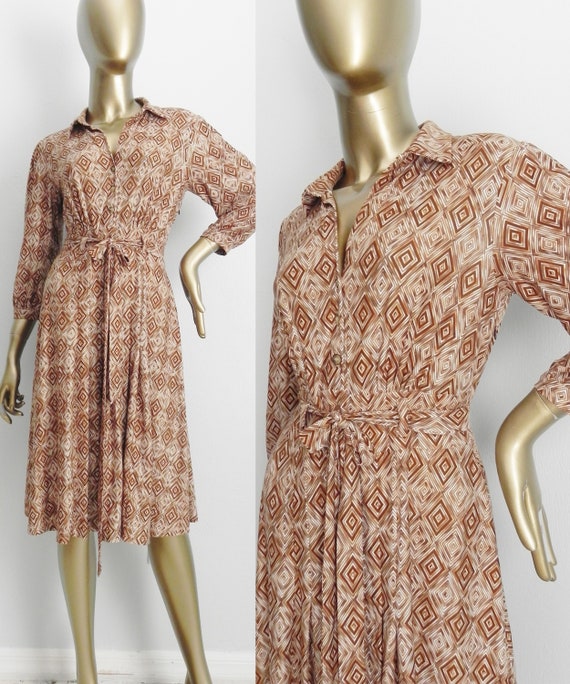 vintage diamond print shirtdress \ shades of tan \