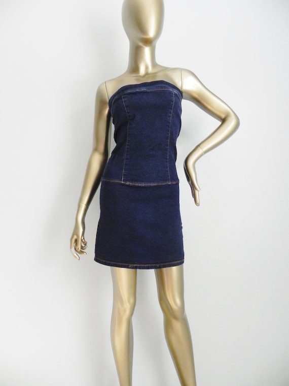 vintage denim tube dress \ stretchy denim \ sleev… - image 1