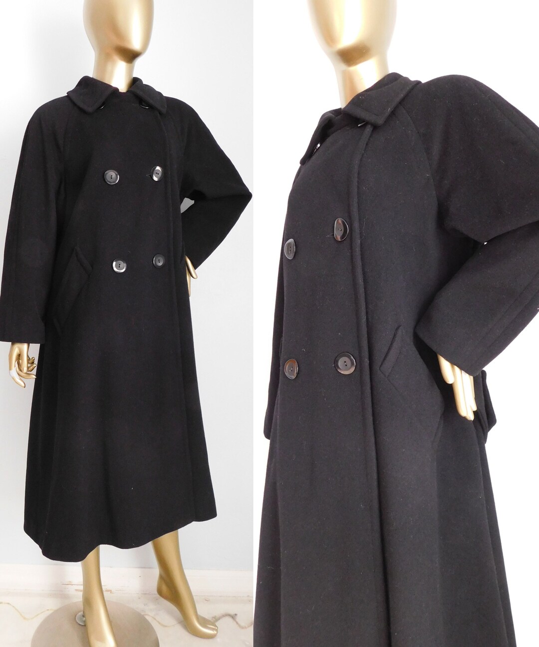 Vintage Black Heavy Overcoat Long Wool Coat Double Breasted Winter Coat