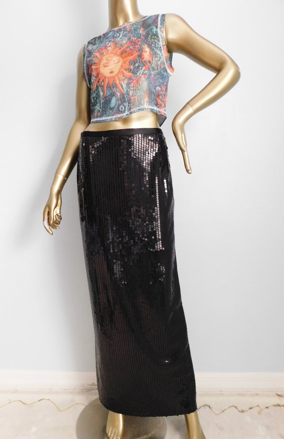 vintage black sequin skirt \ maxi skirt \ long for