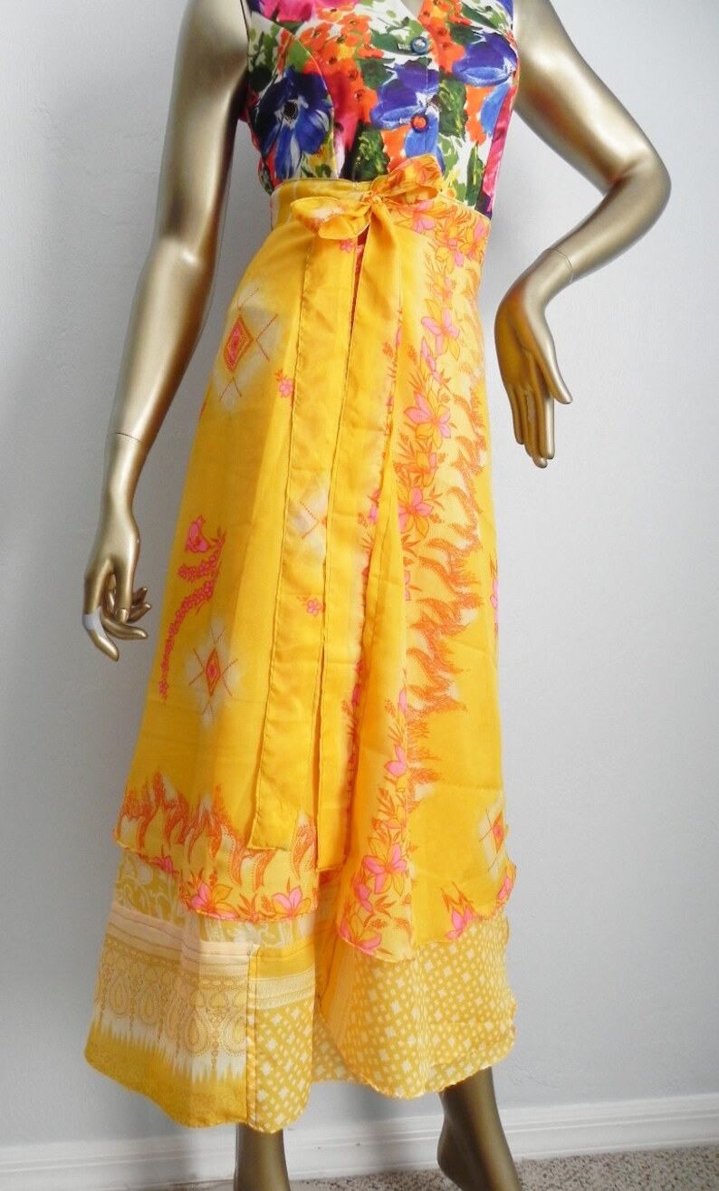 vintage bright yellow wrap skirt \\ long floral skirt \\ boho wrap around skirt