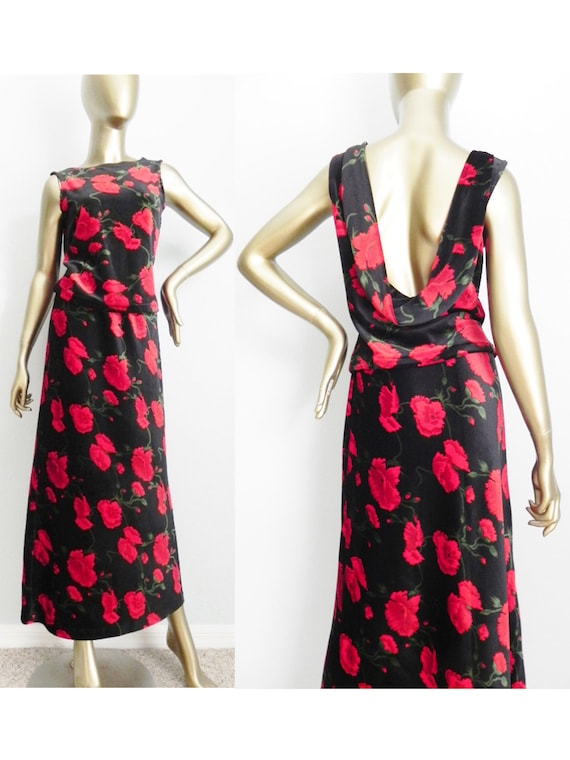 vintage floral velour skirt and top set \ black an