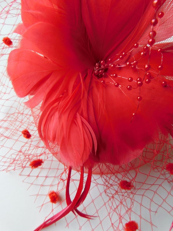 vintage red feather and tulle fascinator \ red he… - image 5
