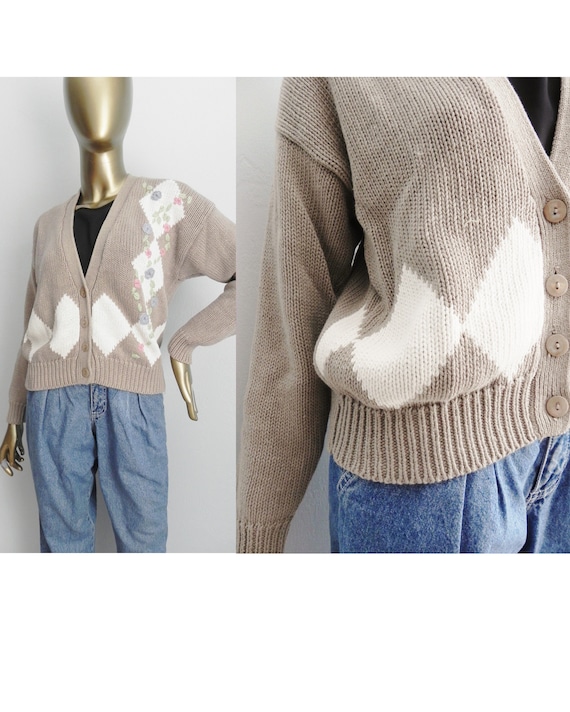 vintage beige argyle cardigan \ tan knit sweater \