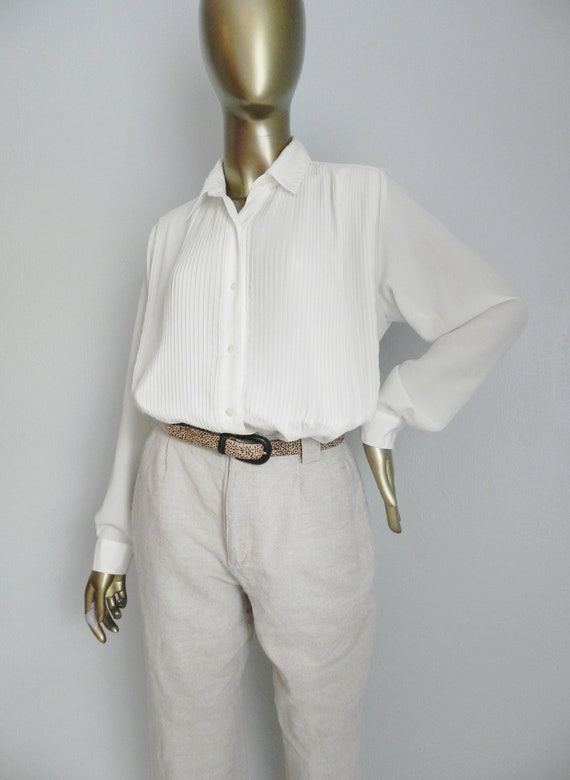 vintage silky white blouse \ pintuck pleats \ loos