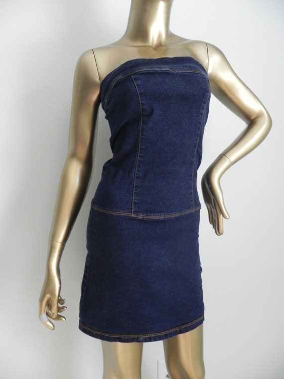 vintage denim tube dress \ stretchy denim \ sleev… - image 9